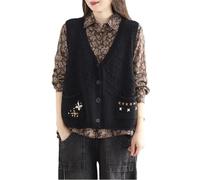 Chaleco de punto para mujer, cárdigan sin mangas, chaleco retro, suéter de punto hecho a mano, ropa de mujer, Negro, XL