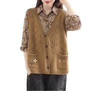 Chaleco de punto para mujer, cárdigan sin mangas, chaleco retro, suéter de punto hecho a mano, ropa de mujer, caqui, XL