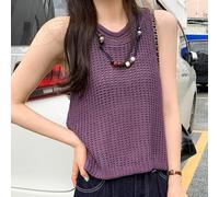 Chaleco de punto, S-L, ombliguera sin mangas para mujer, cuello redondo, suelto, de verano, para uso casual, vacaciones, fiesta, uso diario (M, morado)