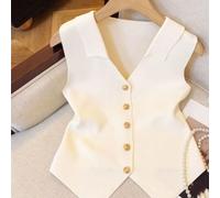 Chaleco de punto sin mangas con cuello en V de estilo francés, para mujer, para ajuste delgado, chaleco de color sólido, para primavera, verano, otoño, relajado, oficina, vacaciones, playa (blanco)