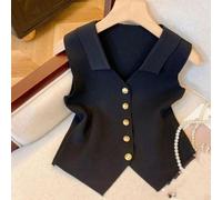 Chaleco de punto sin mangas con cuello en V de estilo francés, para mujer, para ajuste delgado, color sólido, para primavera, verano, otoño, relajado, oficina, vacaciones, playa (negro)