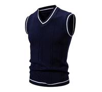 Chaleco de punto sin mangas con cuello en V para hombre, cuello en V, color liso, estilo campus, ajuste clásico, elegante, suéter de punto, chaleco, chaleco de punto, azul marino, M