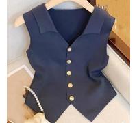 Chaleco de punto sin mangas con cuello en V para mujer, estilo francés, diseño ajustado para uso casual, vacaciones y hogar (azul)