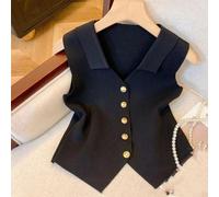 Chaleco de punto sin mangas con cuello en V para mujer para estilo francés, chaleco de un solo pecho color sólido, parte superior casual para uso diario de vacaciones, club, negro (negro)