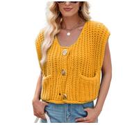 Chaleco De Punto Sin Mangas con Cuello En V Y Botones para Mujer Chaleco De Punto Grueso Top Corto Sin Mangas con Bolsillos Estilo Casual Y2K Streetwear Color Amarillo Jengibre Talla L