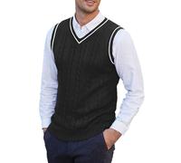 Chaleco de punto sin mangas para hombre, suéter sin mangas para hombre, cuello en V, suéter de punto ajustado para hombre, suéter de punto, color sólido, cuello en V, ligero, cálido, Negro, S