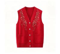 Chaleco De Punto Sin Mangas para Mujer Cuello En V Bordado Floral Botones De Pedrería Chaleco Elegante para Superponer Cárdigan Chaleco para Mujeres De Mediana Edad Ancianas Mamás Abuelas Rojo Ta