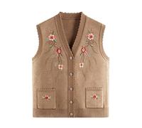 Chaleco De Punto Sin Mangas para Mujer Mayor Cárdigan para Mujer Cuello En V Bordado Chaleco De Punto con Bolsillos Top Informal para Señora Mayor Jerseys De Abuela Beige XXL