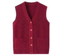 Chaleco de punto suéter de invierno con cuentas para mujer, rojo vino, XXL