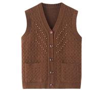 Chaleco de punto suéter para mujer de invierno con cuentas, camiseta top, color marrón