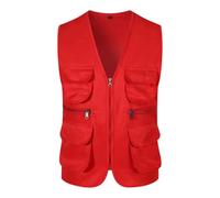 Chaleco de safari para hombre, sin mangas, transpirable, para trabajo, viajes, fotos, con múltiples bolsillos, clásico, con cremallera, cuello en V, sin mangas, chaleco ligero para aventureros, rosso