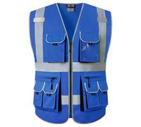 Chaleco de seguridad JKSafety de 10 bolsillos, color azul, con cremallera frontal y bandas reflectantes. Cumple con las normas ANSI/ISEA (88-Azul