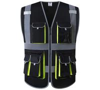Chaleco de seguridad JKSafety de 10 bolsillos, color negro, con cremallera frontal y bandas reflectantes. Cumple con las normas ANSI/ISEA (talla