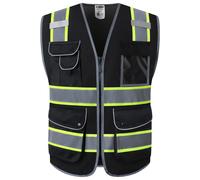 Chaleco de seguridad JKSafety de malla negra con 9 bolsillos y cremallera frontal de alta visibilidad | Negro con bandas reflectantes de dos tono