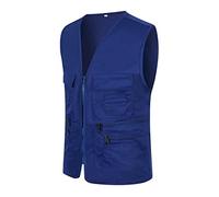 Chaleco de trabajo para hombre, sin mangas, multibolsillo, chaleco de trabajo, chaleco militar, de algodón, de secado rápido, multifunción, para camping, safari trekking, con muchos bolsillos, azul, L