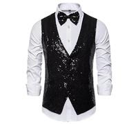 Chaleco de traje de lentejuelas para hombre, color liso, pajarita de lentejuelas, discoteca, baile, boda, toalla de baño de moda (negro, XL)