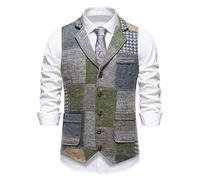 Chaleco de traje para hombre, estilo patchwork, estilo ajustado, vintage, sin mangas, chaleco de ocio, chaleco de trabajo de una sola fila, cuello en V, chaleco de negocios, para bodas, fiestas