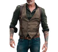 Chaleco de traje vintage para hombre, clásico, de tweed, de lana, con un solo botonadura, cuello en V, chaleco de vestir casual, delgado, chaleco vaquero occidental, marrón, talla L