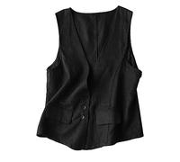 Chaleco de verano corto de lino para mujer, informal, fino, cuello en V, con bolsillos, ligero, suave, cómodo, con botones, sin mangas, holgado, informal, para exteriores, colores versátiles, Negro ,