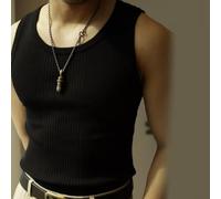 Chaleco de verano de punto acanalado en forma de I para hombre, camiseta sin mangas ajustada para gimnasio, fondo deportivo y ropa de calle casual, chaleco de cuello redondo de color sólido (L negro)