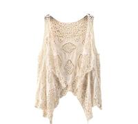 Chaleco De Verano para Mujer, Cárdigan Hippie, Chaleco De Crochet con Encaje Floral Hueco, Irregular, Bohemio, Sin Mangas, Cárdigan Corto, Bolero, Ropa De Abrigo, Chaleco De Crochet Beige