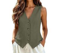 Chaleco de verano para mujer, chaleco de algodón y lino, corto, cuello en V, con botones, chaleco ligero y delgado, ajustado, monocolor, chaleco de verano, cómodo, elegante, sin mangas, chaqueta