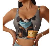 Chaleco deportivo para mujer, diseño de perro con gorro de cumpleaños, camiseta de yoga sin espalda en forma de U, ropa de entrenamiento y fitness, Negro, L