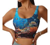 Chaleco deportivo para mujer, estampado de flora y fauna submarina, camiseta de yoga sin espalda en forma de U, ropa de entrenamiento y fitness, Negro, S