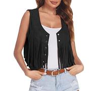 Chaleco Flecos Mujer Chaleco de Hippie Años 70 Chaleco de Ante Sintético con Flecos Chaleco Vaquero Vintage sin Mangas Chalecos Cowboy del Oeste Chaleco Estilo Etnico Cárdigan con Flecos
