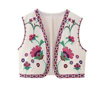 Chaleco floral bordado vintage para mujer Top Y2k Sin mangas Chaleco corto con frente abierto Chaqueta de chaleco floral bohemio (A,XS)
