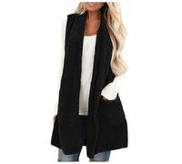 Chaleco genérico para mujer sin mangas falso cárdigan mullido grueso chaqueta larga primavera europea suelta moda color puro bolsillo aspecto acogedor y voluminoso, Le Noir, L