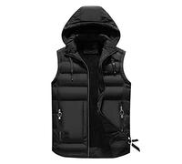 Chaleco híbrido para hombre, chaleco de plumas, cálido, resistente, con capucha extraíble, chaleco acolchado largo, chaqueta impermeable para exteriores, Negro , XXXL