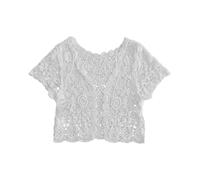 Chaleco hippie de ganchillo para mujer, a la moda, tops de verano, manga corta, chaleco de punto floral, estilo retro, abierto, corto, estilo bohemio, cárdigan de punto de ganchillo, encaje hueco