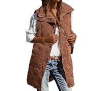 Chaleco largo acolchado para mujer, informal, de invierno, con cuello alto, sin mangas, con bolsillos, color café, talla mediana