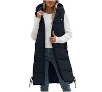 Chaleco largo acolchado para mujer, sin mangas, con capucha, cálido, acolchado, chaleco largo para mujer, Negro, XL