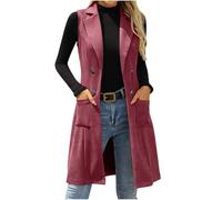 Chaleco largo de ante sintético para mujer, ligero, sin mangas, ajustado, solapa con muescas, elegante, doble botonadura, parte delantera abierta, calentador de cuerpo con bolsillos, 03 Vino, XL
