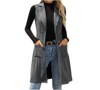 Chaleco largo de ante sintético para mujer, ligero, sin mangas, ajustado, solapa con muescas, elegante, doble botonadura, parte delantera abierta, calentador de cuerpo con bolsillos, 03 gris oscuro, M