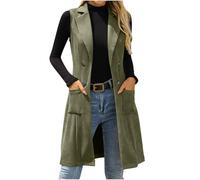 Chaleco largo de ante sintético para mujer, ligero, sin mangas, ajustado, solapa con muescas, elegante, doble botonadura, parte delantera abierta, calentador de cuerpo con bolsillos, 03 Verde, XXL
