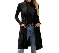 Chaleco largo de ante sintético para mujer, ligero, sin mangas, ajustado, solapa con muescas, elegante, doble botonadura, parte delantera abierta, calentador de cuerpo con bolsillos, 02 negro, XXL
