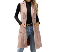 Chaleco largo de ante sintético para mujer, ligero, sin mangas, ajustado, solapa con muescas, elegante, doble botonadura, parte delantera abierta, calentador de cuerpo con bolsillos, 03 Rosa, L