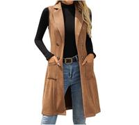 Chaleco largo de ante sintético para mujer, ligero, sin mangas, ajustado, solapa con muescas, elegante, doble botonadura, parte delantera abierta, calentador de cuerpo con bolsillos, 01 Caqui, S