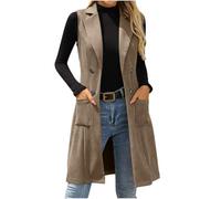 Chaleco largo de ante sintético para mujer, ligero, sin mangas, ajustado, solapa con muescas, elegante, doble botonadura, parte delantera abierta, calentador de cuerpo con bolsillos, 03 Marrón, L