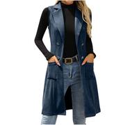 Chaleco largo de ante sintético para mujer, ligero, sin mangas, ajustado, solapa con muescas, elegante, doble botonadura, parte delantera abierta, calentador de cuerpo con bolsillos, 03 Azul Marino