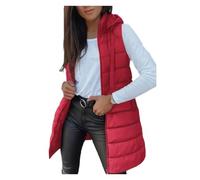 Chaleco largo de plumas for mujer, chaqueta gruesa con capucha, sin mangas, for invierno(Bright red,XXL)