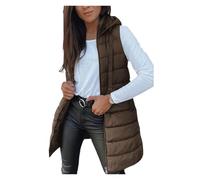 Chaleco largo de plumas for mujer, chaqueta gruesa con capucha, sin mangas, for invierno(Coffee color,M)