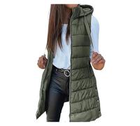 Chaleco largo de plumas for mujer, chaqueta gruesa con capucha, sin mangas, for invierno(Military green,L)
