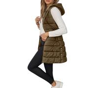 Chaleco Mujer Largo Invierno Acolchado Chaqueta sin Mangas Chaleco de Plumas Largos Casual Moda Abrigo con Capucha Abrigos Cálido Talla Grande Outwear con Cremallera Chaqueta Entretiempo (Khaki, L)