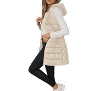 Chaleco Mujer Largo Invierno Acolchado Chaqueta sin Mangas Chaleco de Plumas Largos Casual Moda Abrigo con Capucha Abrigos Cálido Talla Grande Outwear con Cremallera Chaqueta Entretiempo (Beige, S)