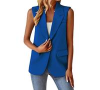 Chaleco Mujer Vestir,Blazer Sin Mangas para Mujer, Estilo Vintage, con Solapa con Muescas, Largo, para Oficina, con Forro Completo, Chaqueta De Un Botón con Bolsillos, Talla Grande, Color Azul Xl