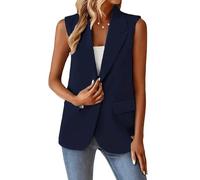Chaleco Mujer Vestir,Blazer Sin Mangas para Mujer, Estilo Vintage, con Solapa con Muescas, Largo, para Oficina, con Forro Completo, Chaqueta De Un Botón con Bolsillos, Talla Grande, Azul Marino, L